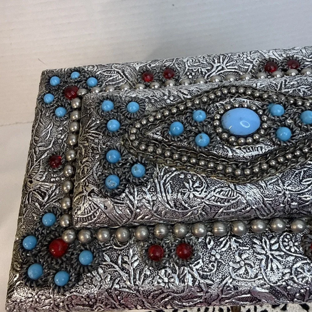 Vtg. 1970s Decorative Handmade Silver Tone Jewelry Box Turquoise Ruby Pearl Bead